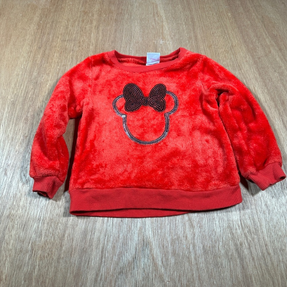 Disney Minnie Mouse Sweatshirt Kids 3T Red Sequin Plush Faux Fur Pullover